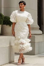 White Lace Puff-Sleeve Midi Dress