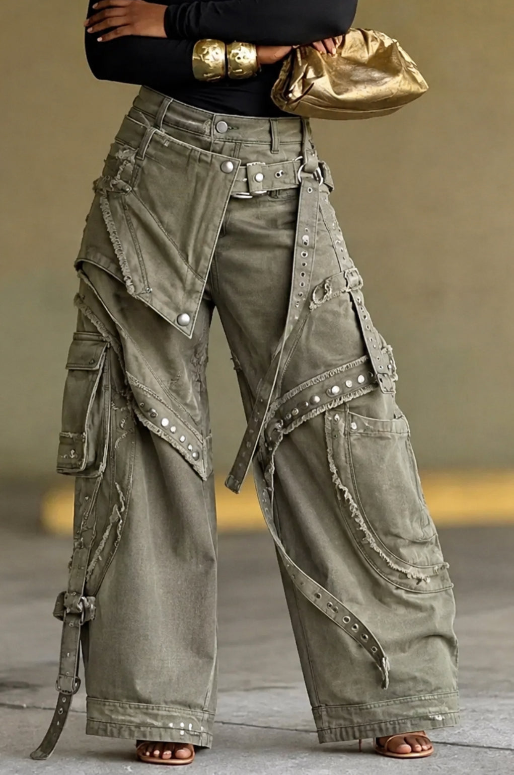 Y2K Heavy-Duty Distressed Rivet Utility Cargo Pants