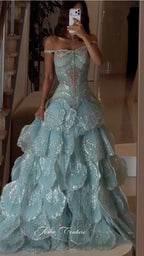 Off-Shoulder Petal Sequin Ball Gown