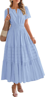 HOT SALE Womens Summer Lightweight Short Sleeve V Casual Midi Maxi Dresses