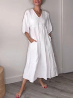 🔥Clearance Sale🔥 Women's Casual Fashion V-Neck Solid Color Mid-Length Sleeve Dress