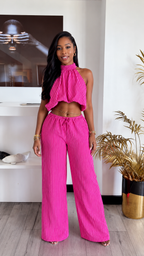 Hot Pink Striped Halter Top & Wide-Leg Pants Set