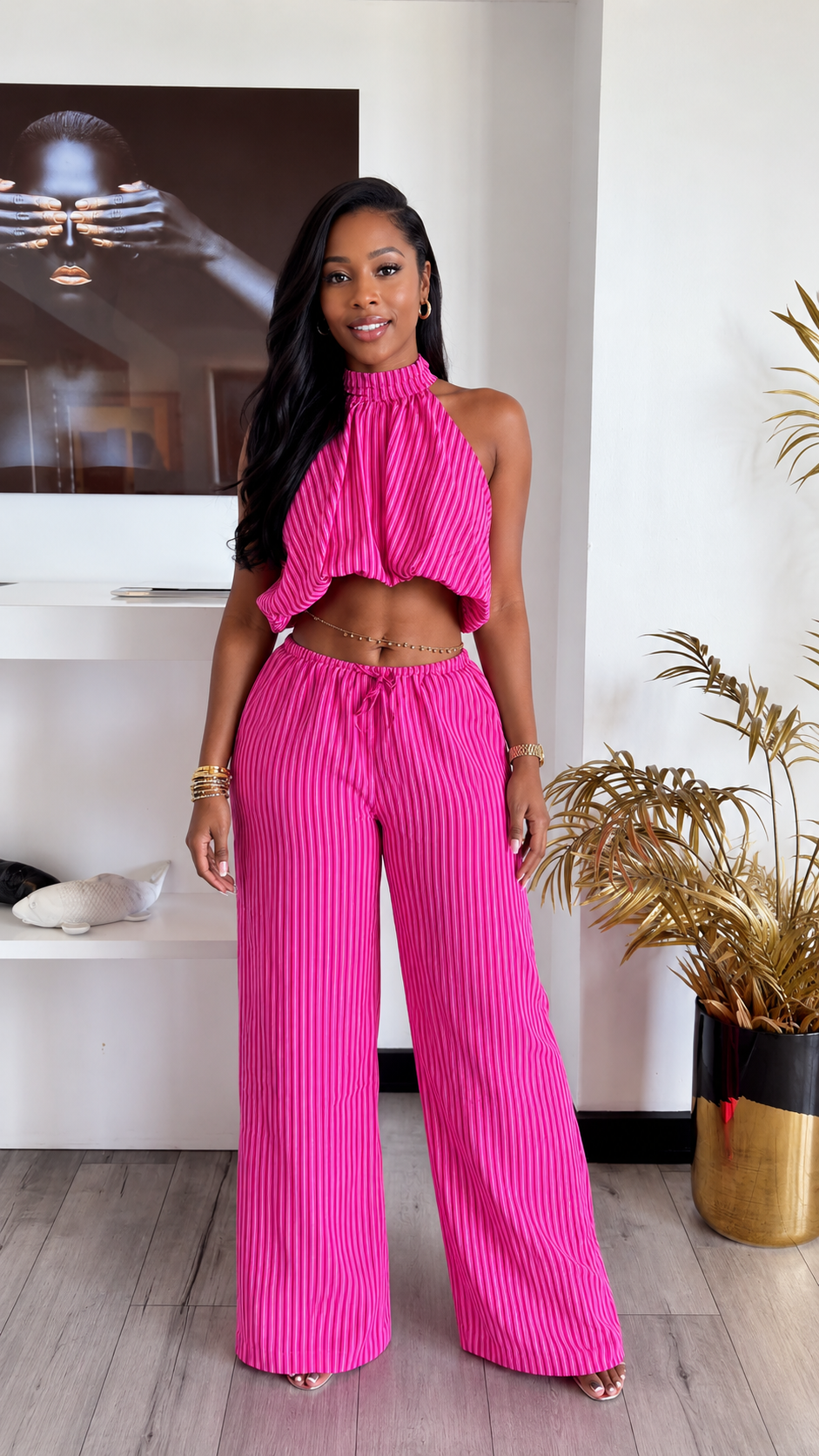 Hot Pink Striped Halter Top & Wide-Leg Pants Set