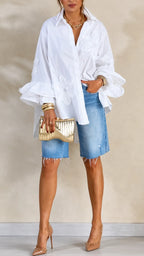 Oversized  Embroidery Ruffle Shirt & Raw-Hem Denim Knee Shorts