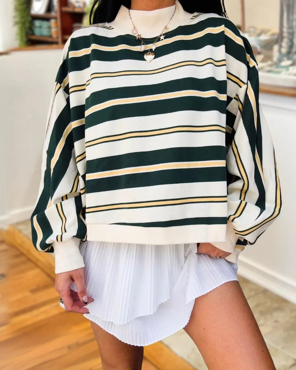 Striped Turtleneck Drop-shoulder Sweatshirt