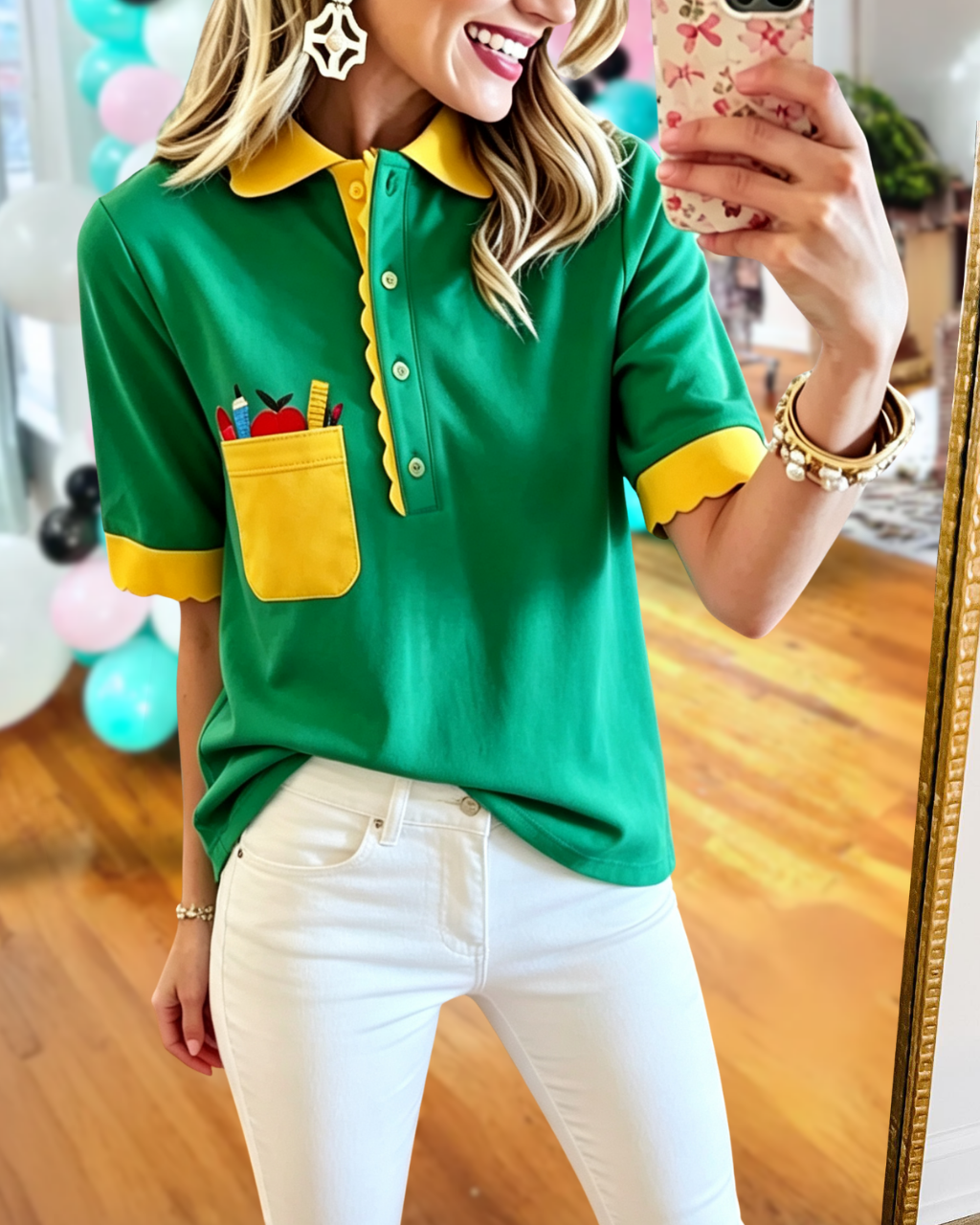 Contrast School Supplies Pocket Polo Top