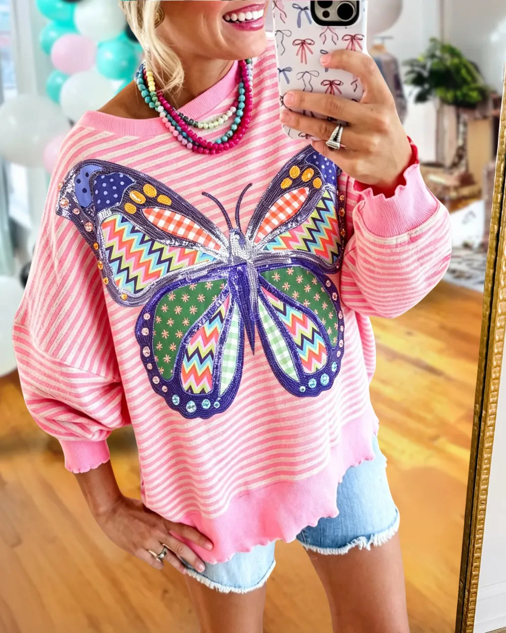 Oversized Butterfly Sequins Striped Sweatshirt