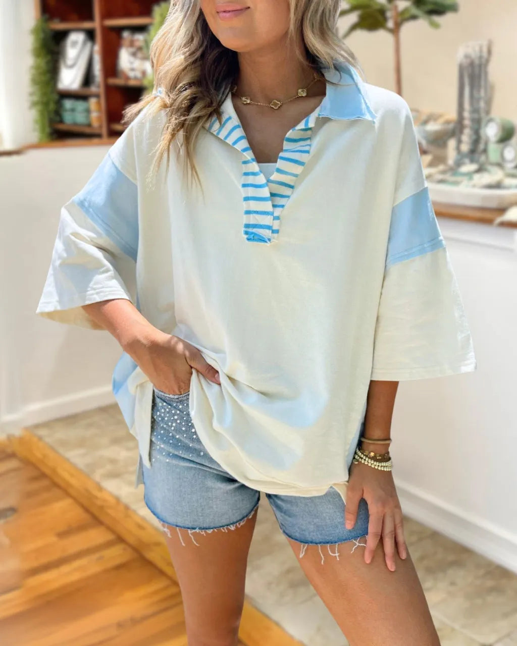Colorblock Oversized Collared Pullover