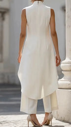 High Neck Asymmetrical Layer Vest & Wide Leg Pant Two Piece Formal Set