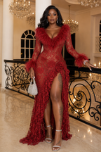Red Feather Trim Lace High Slit Evening Gown