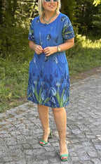 CLEARANCE🔥Women's Round Neck Pocket Tulip Pattern Cotton and Linen Dress