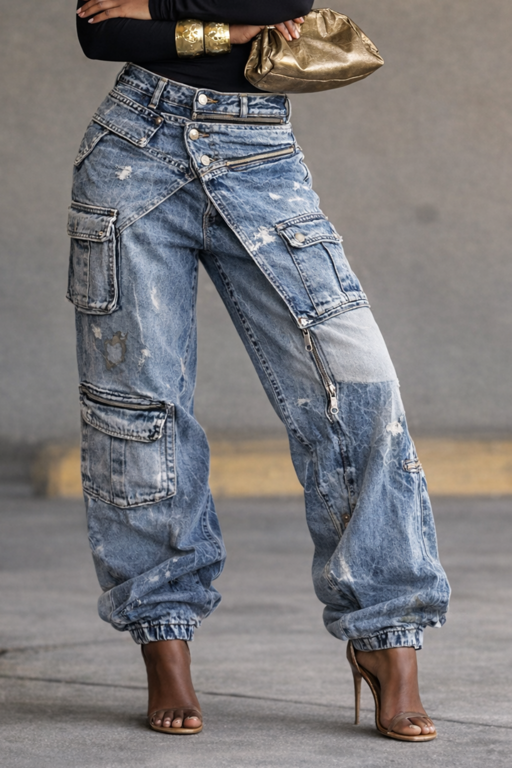 Women’s Y2K Heavy-Detailed Rhinestone Faux Two-Piece Jeans
