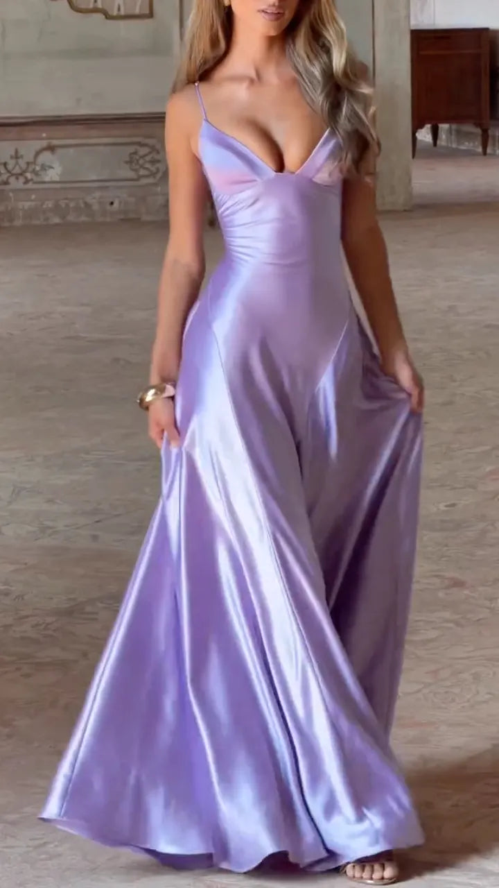 Lavender Satin V-Neck Slip Maxi Gown