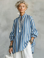 Striped Stand-Collar Linen Shirt