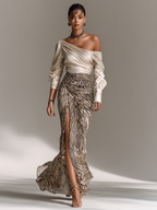 Satin Off-shoulder Long-sleeved Top With Zebra Print Hip-wrapped Slit Skirt Two-piece Set