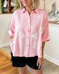 Palm Tree Embroidered Pleated Shirt