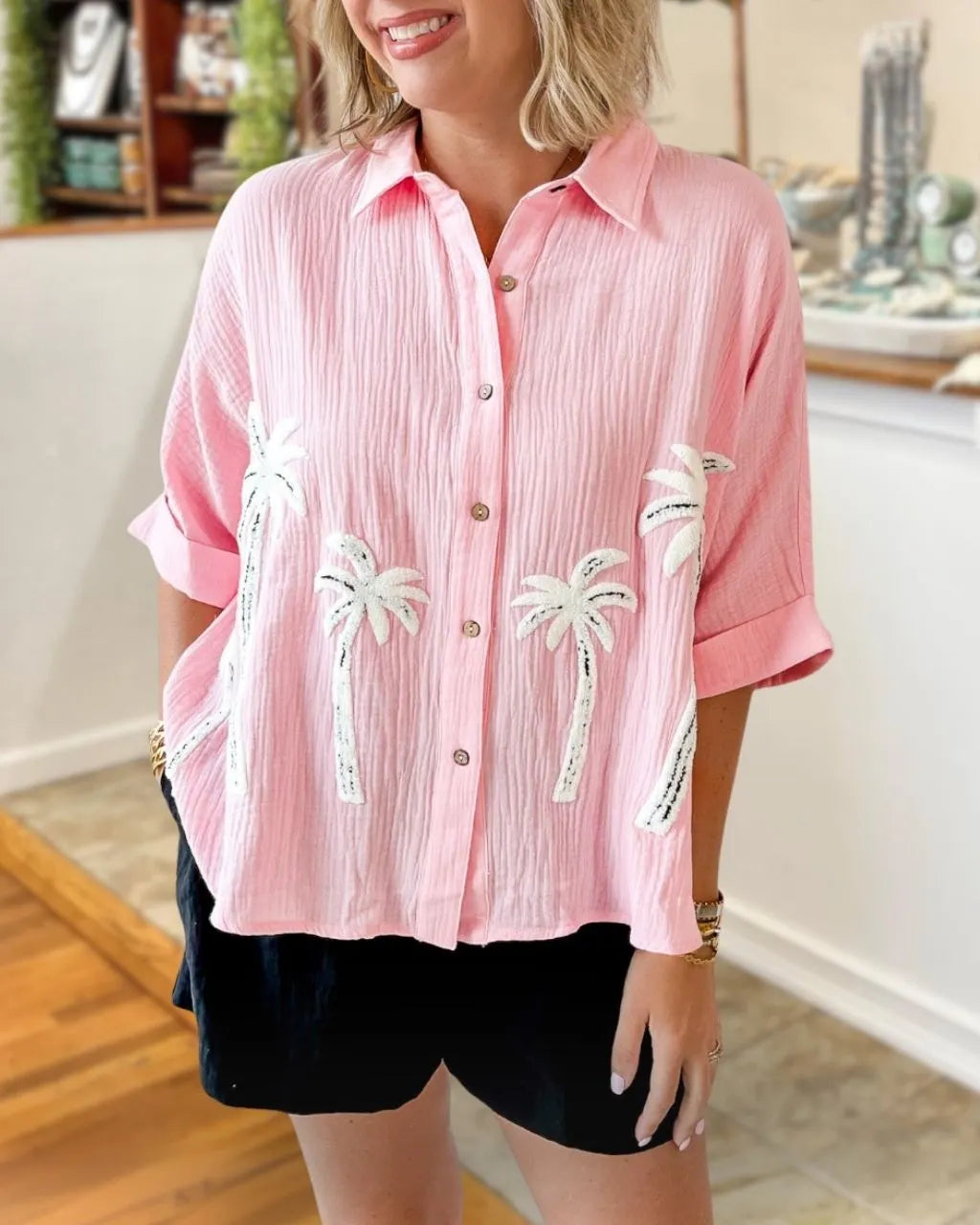 Palm Tree Embroidered Pleated Shirt