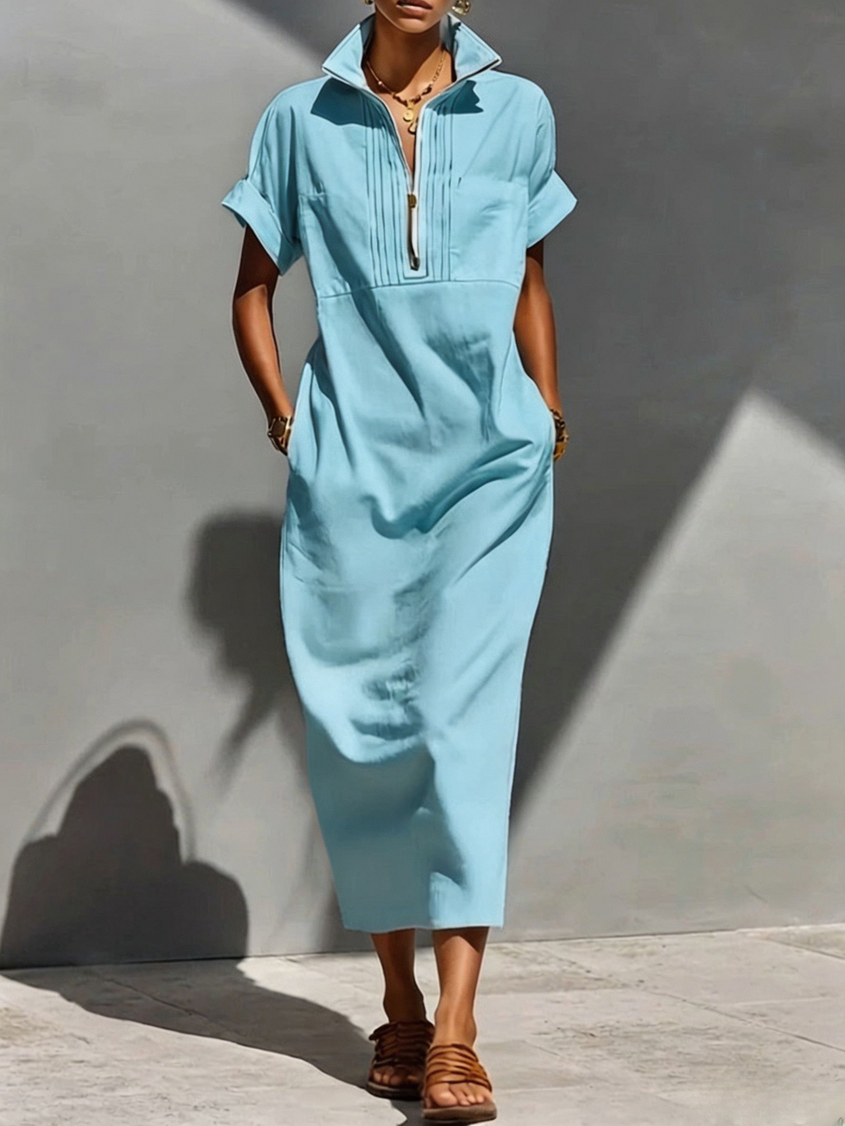 Women's Solid-color Lapel Short-sleeve Casual Loose Cotton-linen Dress