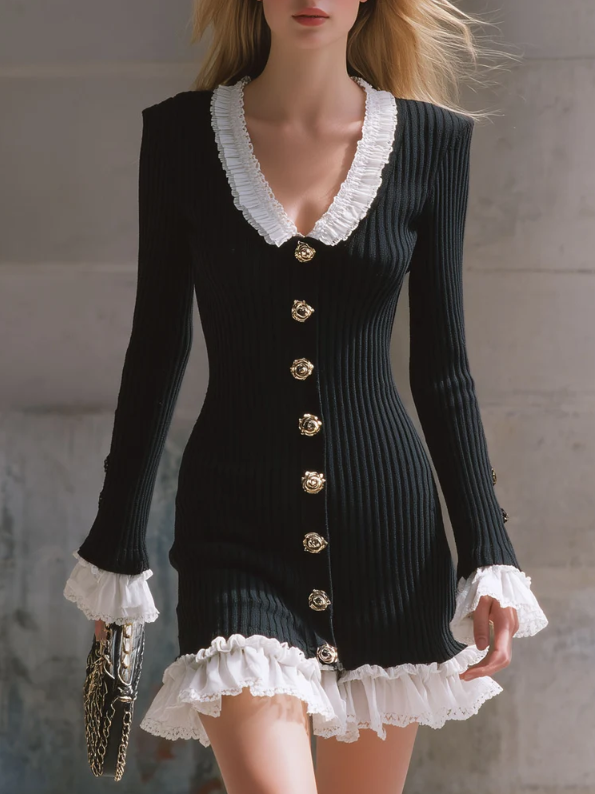 Ruffle Trim Button Mini Dress