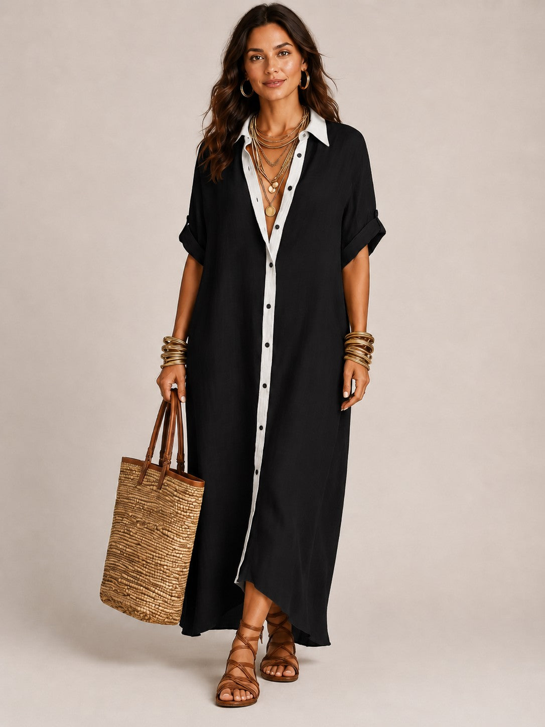 Linen-Blend Short-Sleeve Shirt Maxi Dress