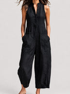Black Linen-Blend Stand Collar Sleeveless Jumpsuit
