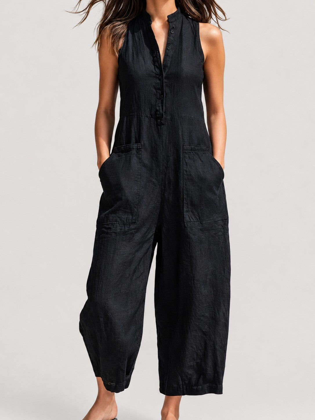 Black Linen-Blend Stand Collar Sleeveless Jumpsuit