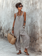 Minimalist Striped Loose-Fit Square-Neck Sleeveless Jumpsuit