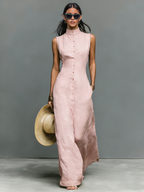 Stand-Collar Linen Maxi Dress