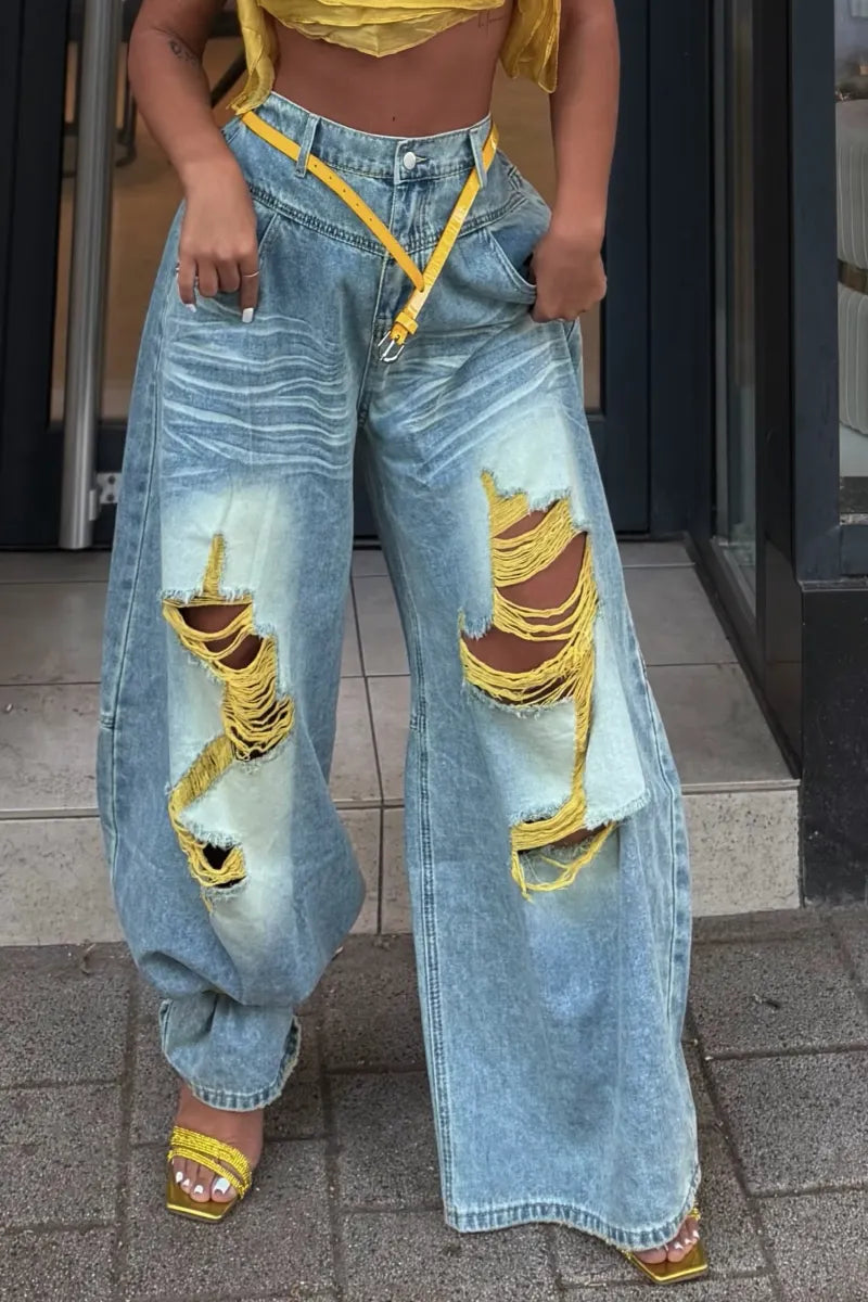 Acid Wash Yellow-Thread Ripped Baggy Jeans