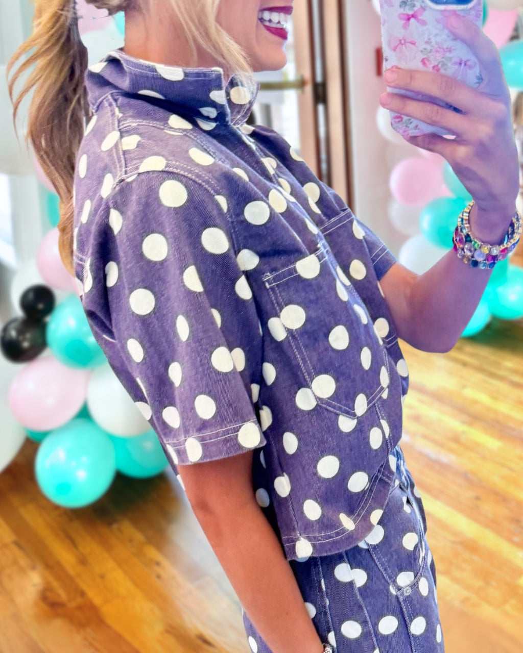 Polka Dot Washed Denim Collared Top
