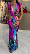 Colorful Tie-Dye Deep V Twist Maxi Dress