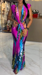 Colorful Tie-Dye Deep V Twist Maxi Dress