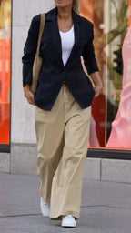 Navy Blazer & Khaki Wide-Leg Trousers Matching Set