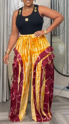Tie-Dye Patchwork Ruffled Wide Leg Palazzo Pants For Women