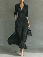 Solid Color Pleated Lapel Waist Long Sleeve Maxi Dress