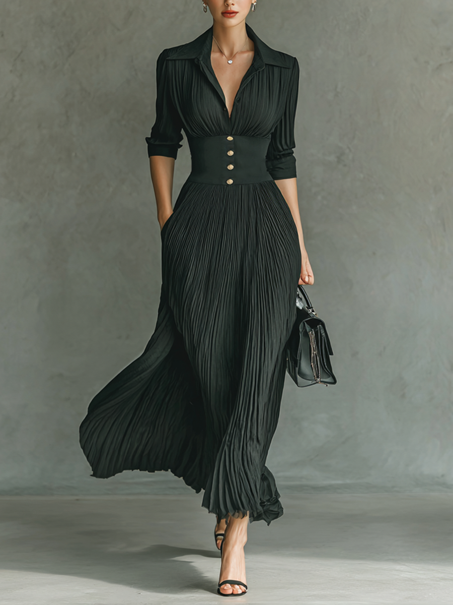 Solid Color Pleated Lapel Waist Long Sleeve Maxi Dress