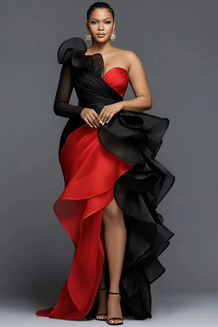 Red Black Two-Tone Ruffle Formal Maxi Dress