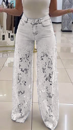 Pantalones vaqueros calados con encaje para mujer