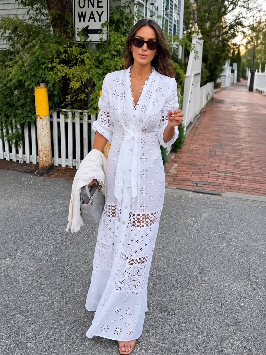 White Eyelet Button-Front Maxi Dress