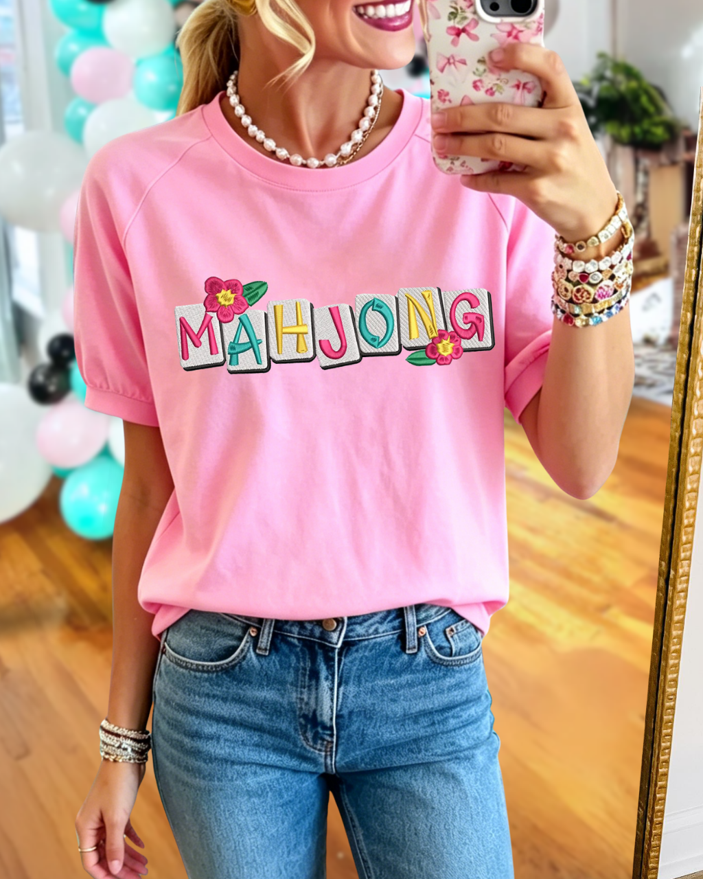 Mahjong Floral Embroidered T-Shirt