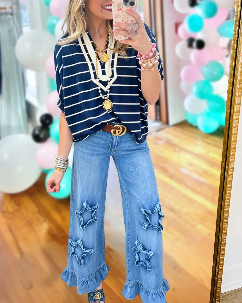 Star Patch Ruffled Denim Pants