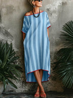 Women's Striped Print Round-neck Short-sleeve Casual Loose Cotton-linen Dress