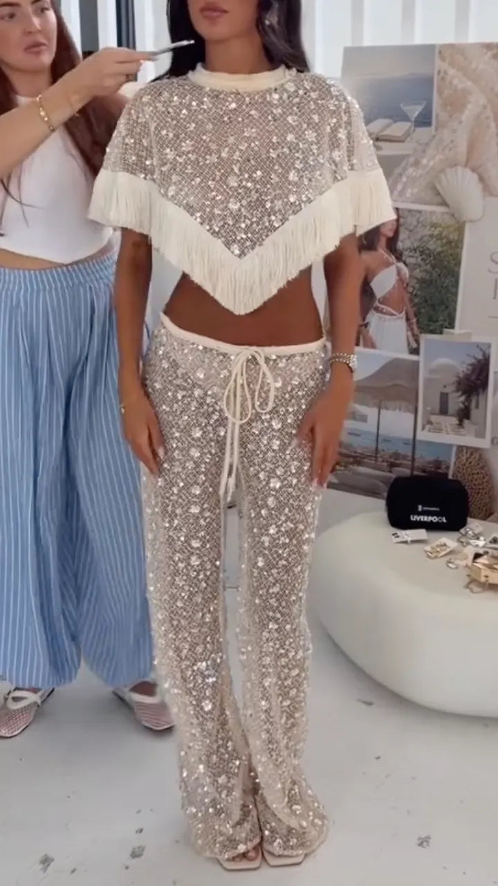 Sequin Fringe Mesh Two-Piece Set