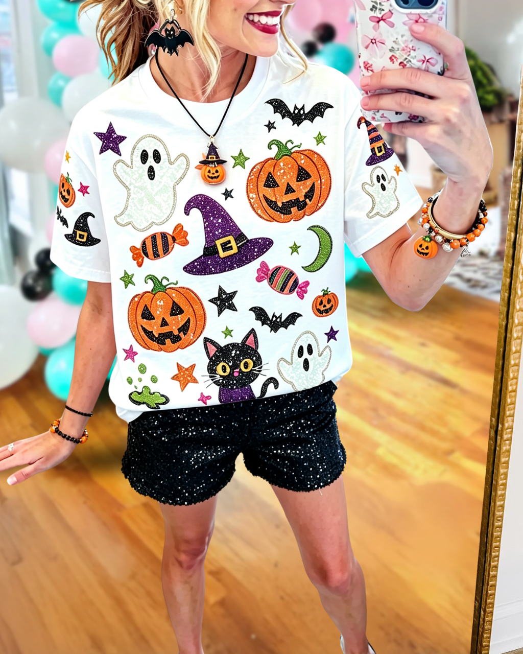 Playful Halloween Pumpkin Glitter Tee