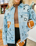 Football Embroidered Tactical Graffiti Print Denim Jacket