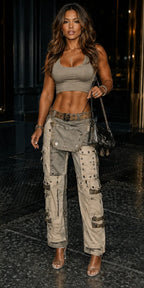 Y2K Heavy-Duty Distressed Rivet Utility Cargo Pants
