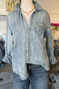 Floral Embroidery Denim Washed Shirt
