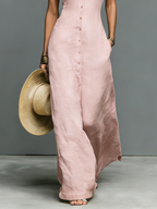 Stand-Collar Linen Maxi Dress