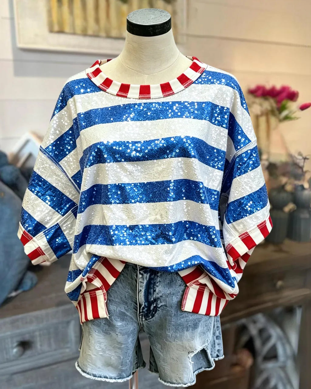 Flag Sequin Striped Top