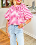 Bow Tie Plaid Puff Sleeve Top